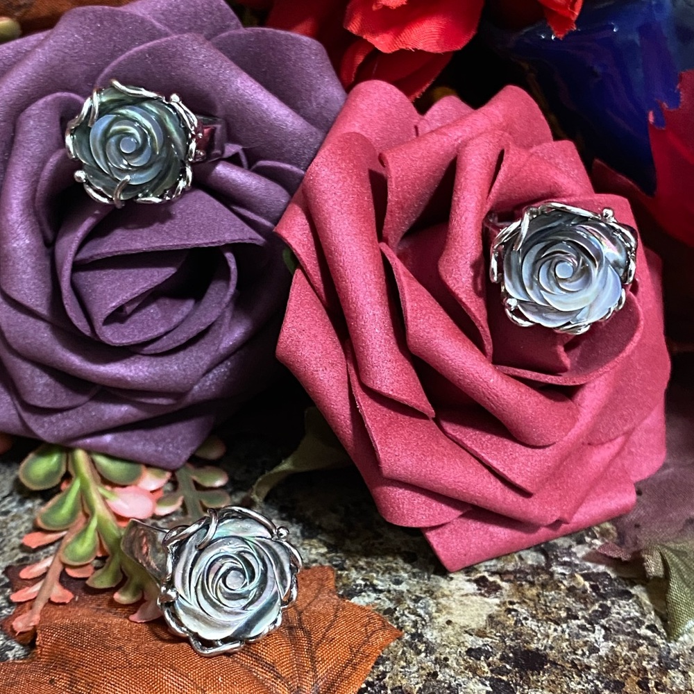 Genuine Abalone Solid Sterling Silver 925 Stamp Flower/Rose One Size Adj…